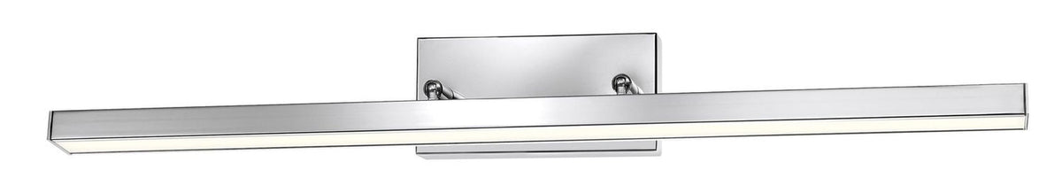 Vue de face du luminaire chromé avec long diffuseur LED blanc et platine murale