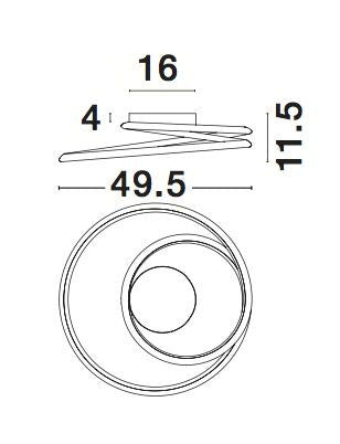 Schéma coté du plafonnier vu de dessus et de profil, dimensions indiquées