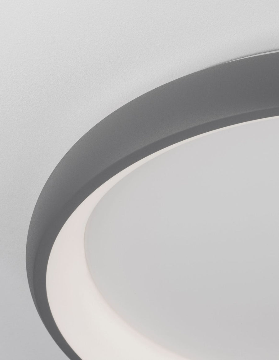 Détail rapproché de l'anneau gris mat et du bord du diffuseur blanc
