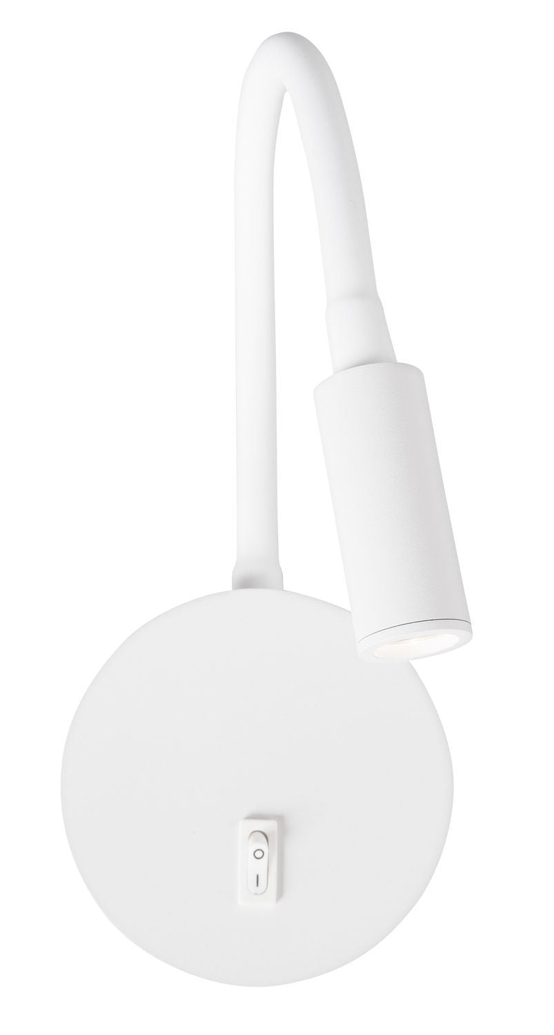 Vue de face du luminaire blanc avec bras flexible courbé et tête cylindrique orientable.