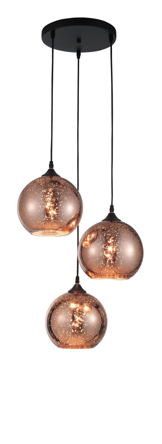 Vue de face sur fond blanc de la suspension complète avec trois globes.
