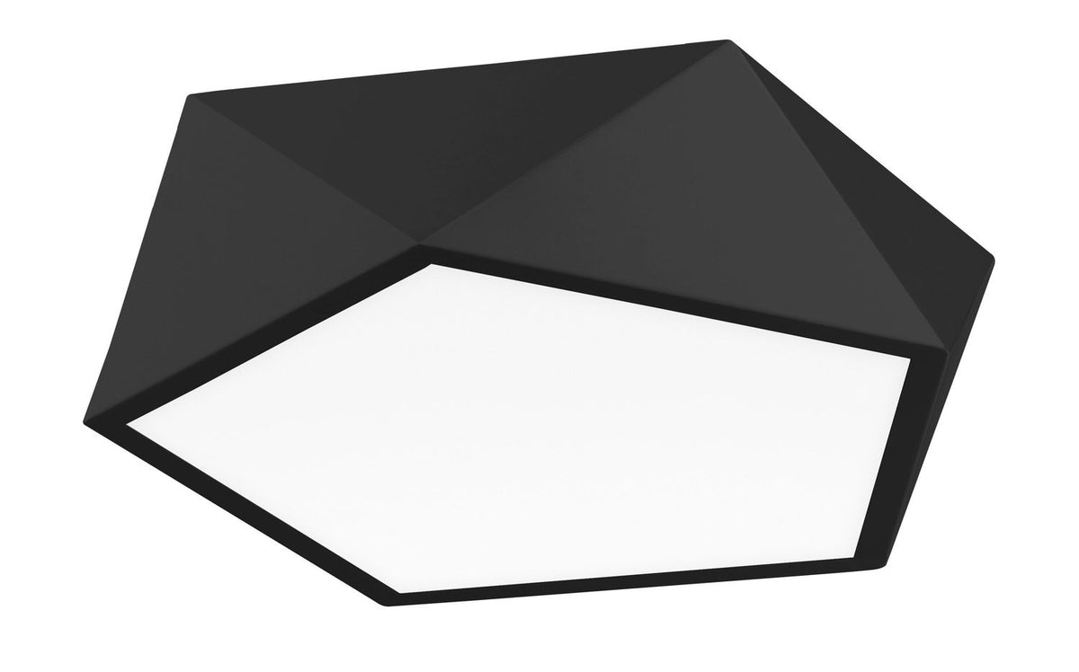 Vue de face du plafonnier noir aux facettes pliées et diffuseur blanc