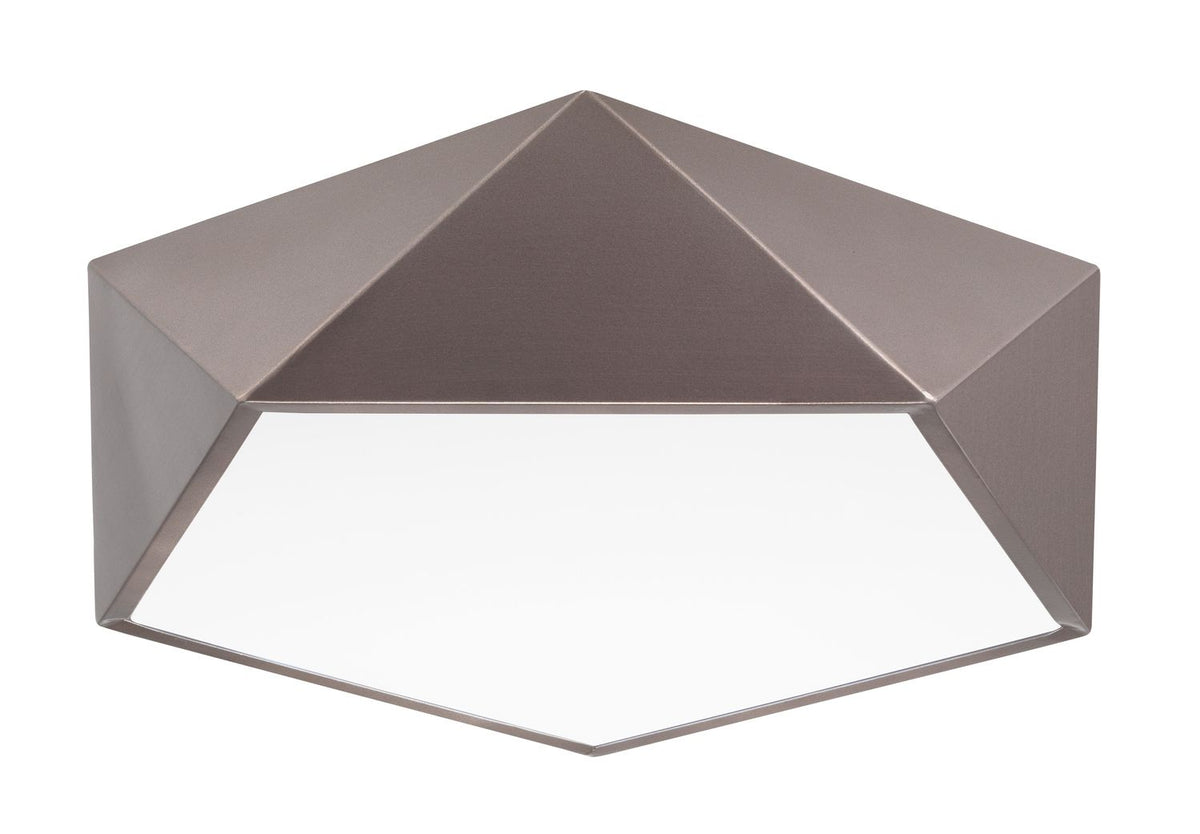 Vue de face du luminaire aux facettes géométriques bronze et diffuseur blanc