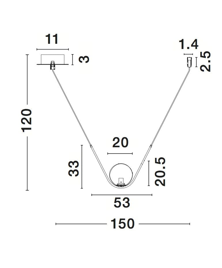 Schéma coté de la suspension : hauteur totale 120 cm et largeur 150 cm