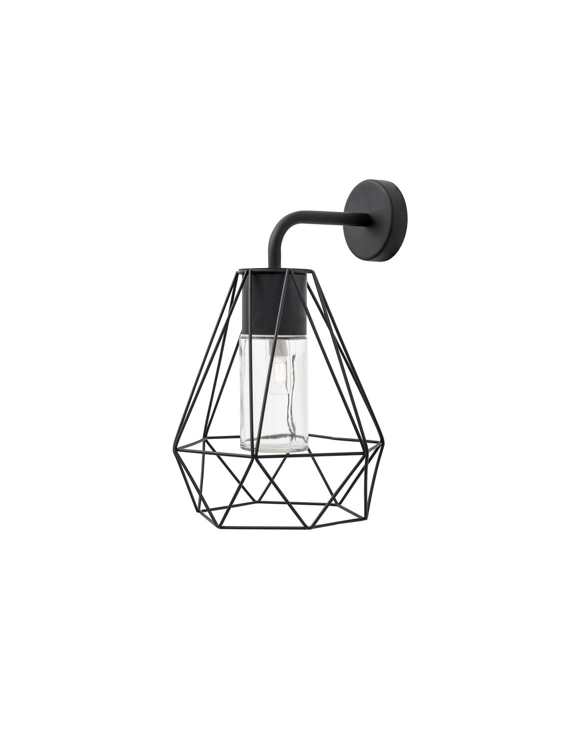 Vue de face du luminaire sur fond blanc détaillant la cage métallique noire
