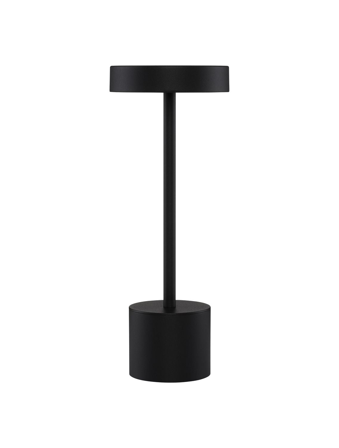 Luminaire noir de face sur fond blanc, abat-jour rond et fine tige verticale.
