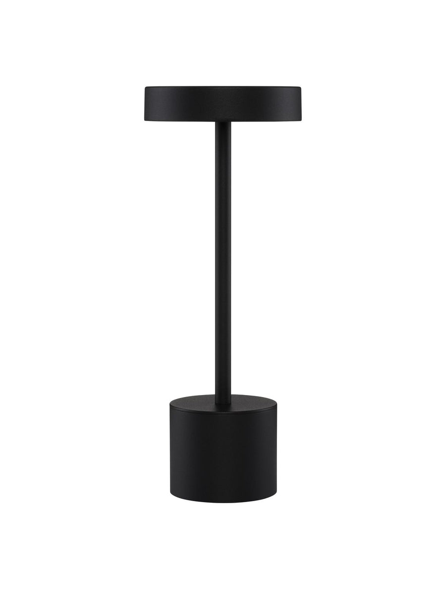 Luminaire noir de face sur fond blanc, abat-jour rond et fine tige verticale.