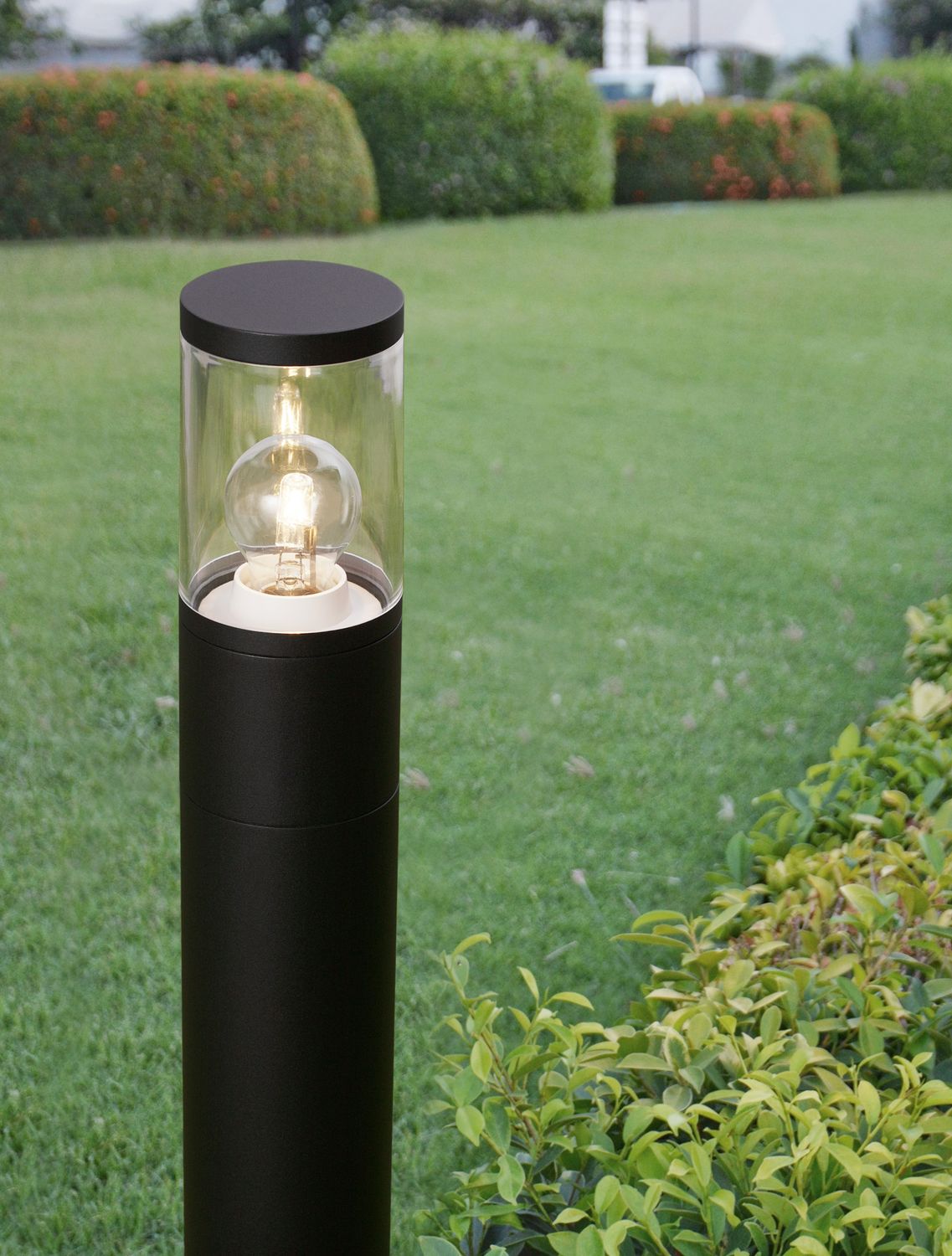 Gros plan de la borne noire allumée dans un jardin, tête transparente et ampoule visibles