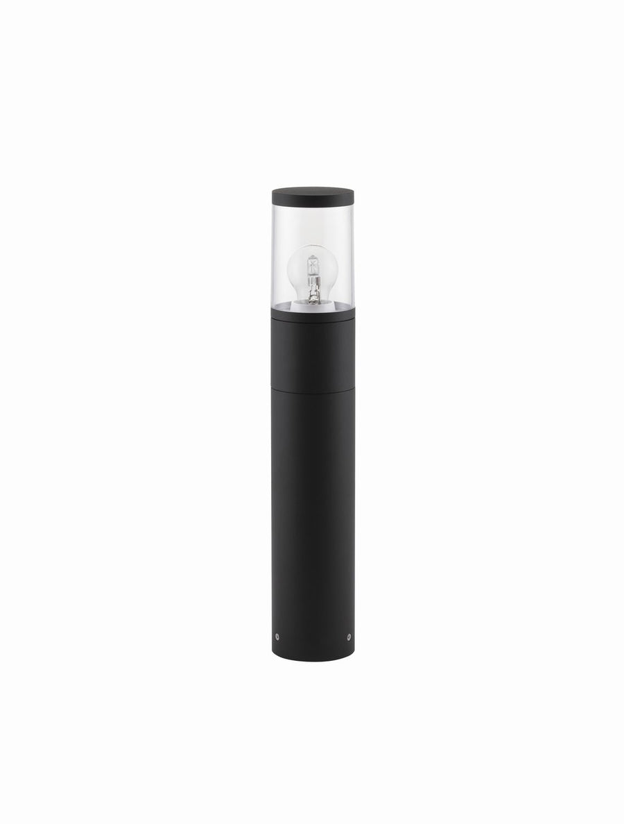 Vue de face du luminaire noir sur fond blanc, ampoule éteinte dans cylindre transparent