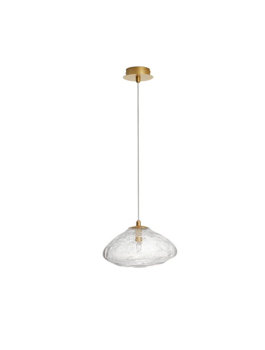 Produit de face sur fond blanc, verre transparent et finition dorée du support.