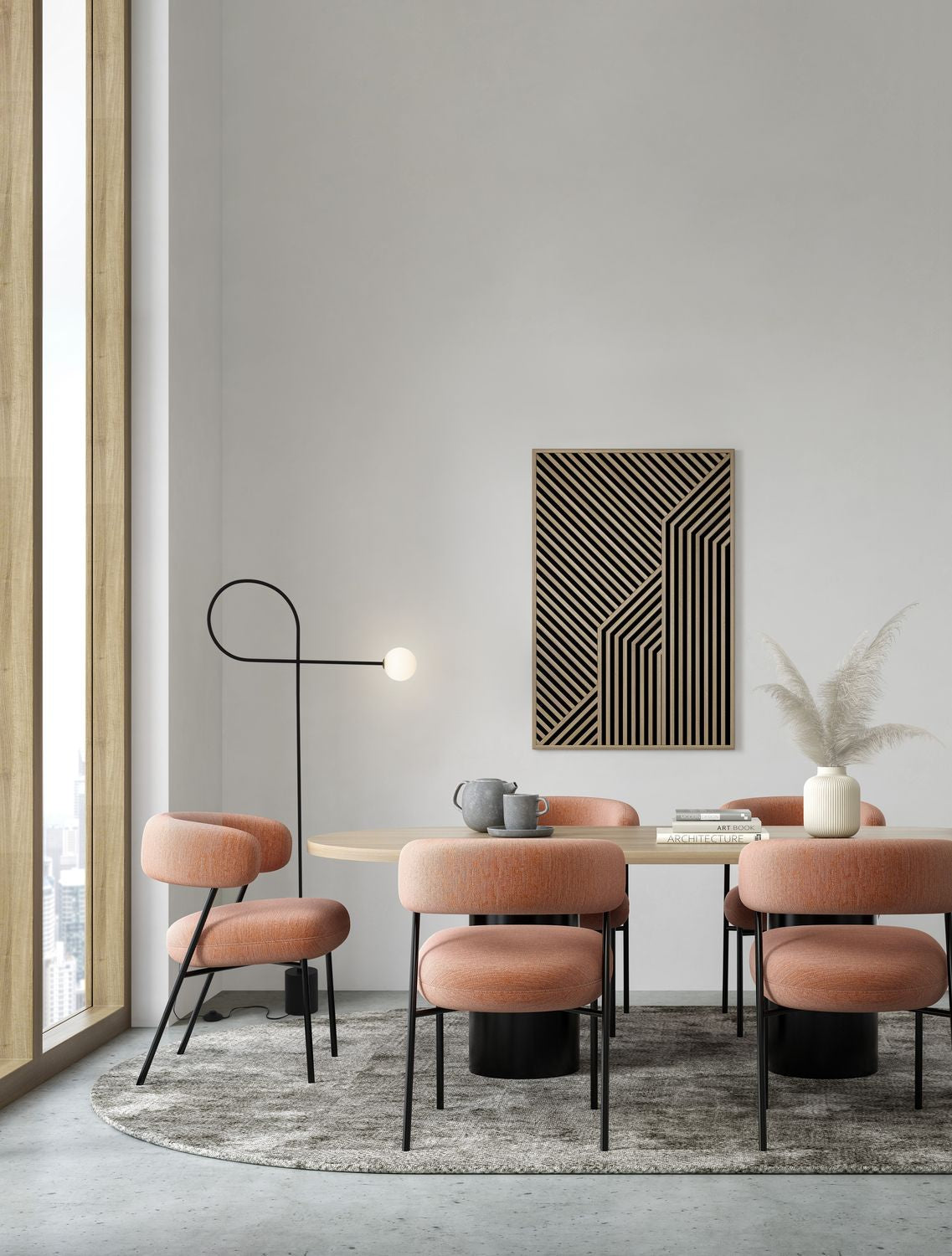 Mise en ambiance du lampadaire dans une salle à manger aux chaises roses