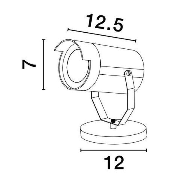 Schéma technique coté du spot mural, avec mesures de largeur, hauteur et base de fixation.