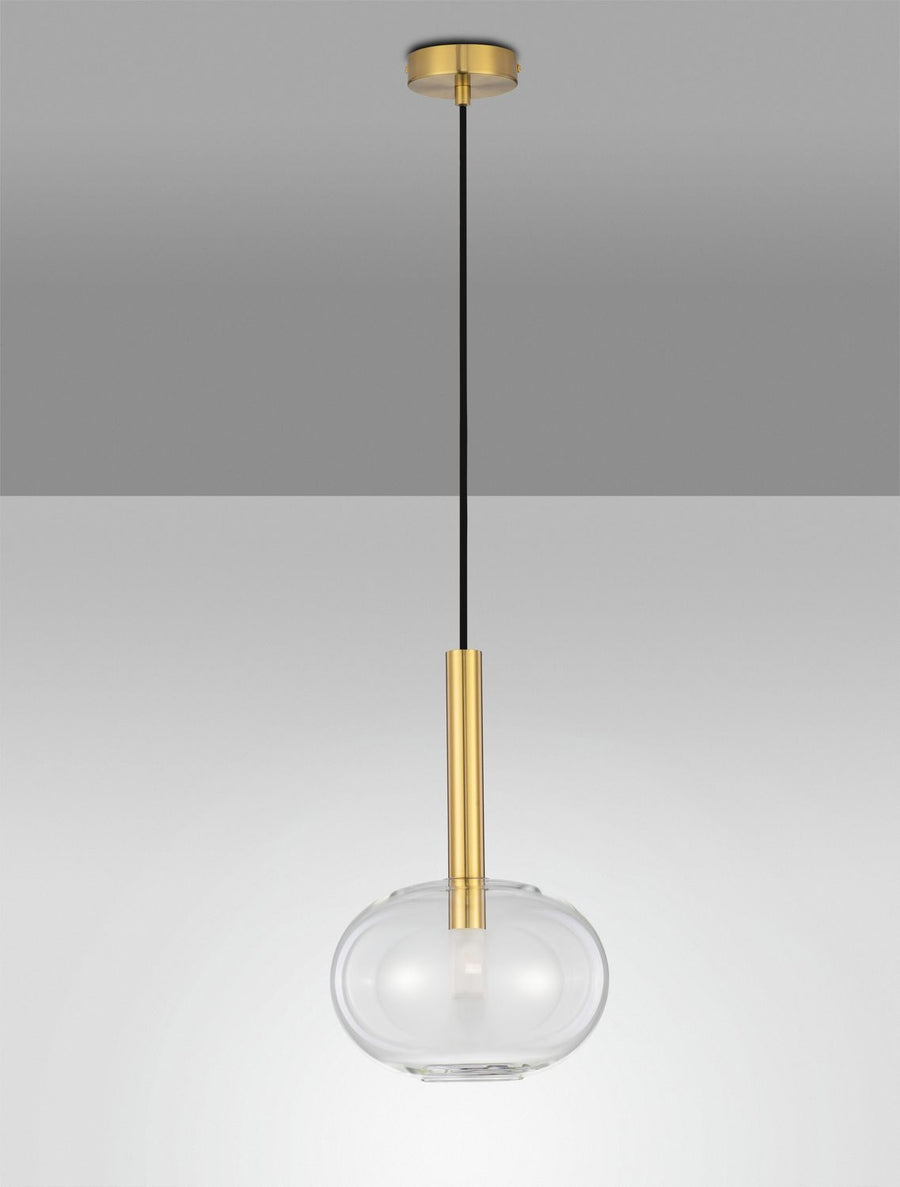Produit entier suspendu sur fond gris, verre transparent éteint, tige laiton