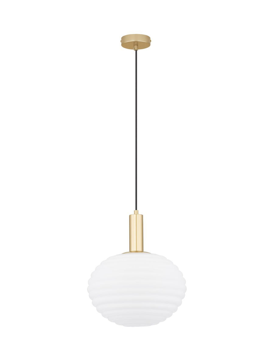 Vue de face du luminaire suspendu avec câble noir et rosace dorée