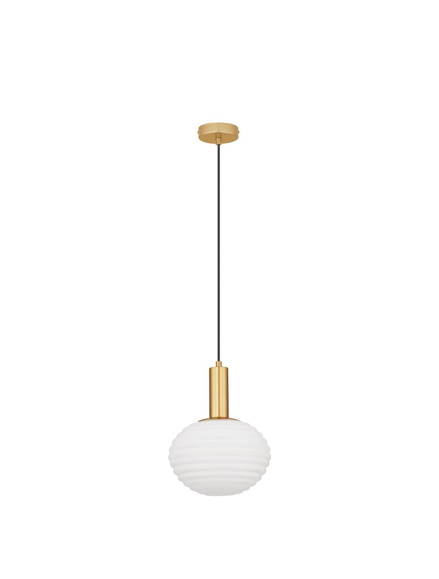 Vue de face du luminaire sur fond blanc, câble noir et verre opalin