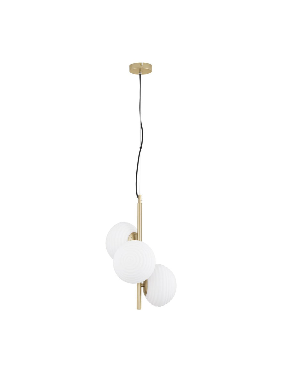 Vue de face du luminaire suspendu avec ses trois globes en verre dépoli