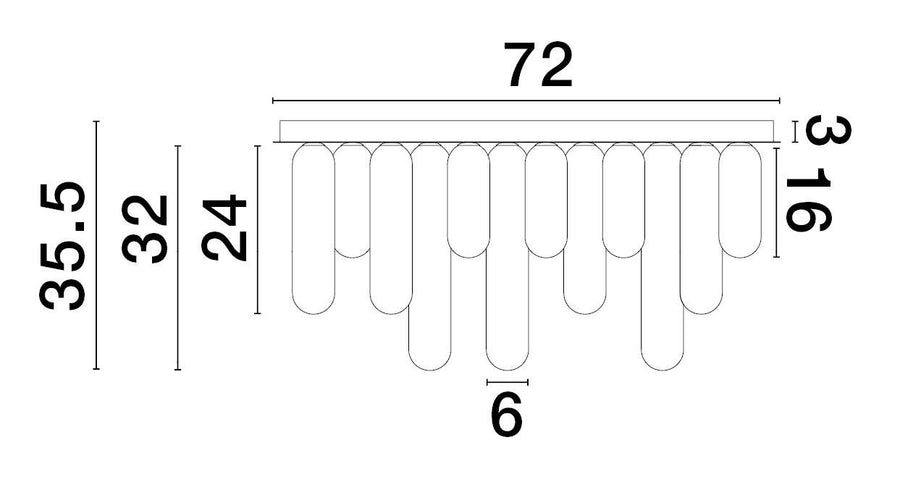 Schéma de dimensions cotées : largeur 72 cm, hauteur 35,5 cm, tubes de 6 cm