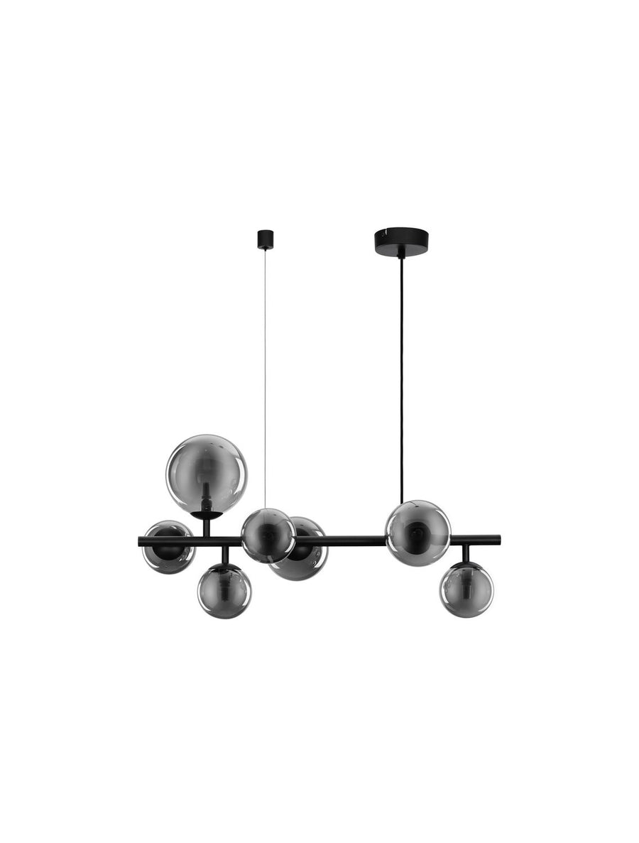 Produit détouré sur fond blanc, barre horizontale noire et sphères fumées