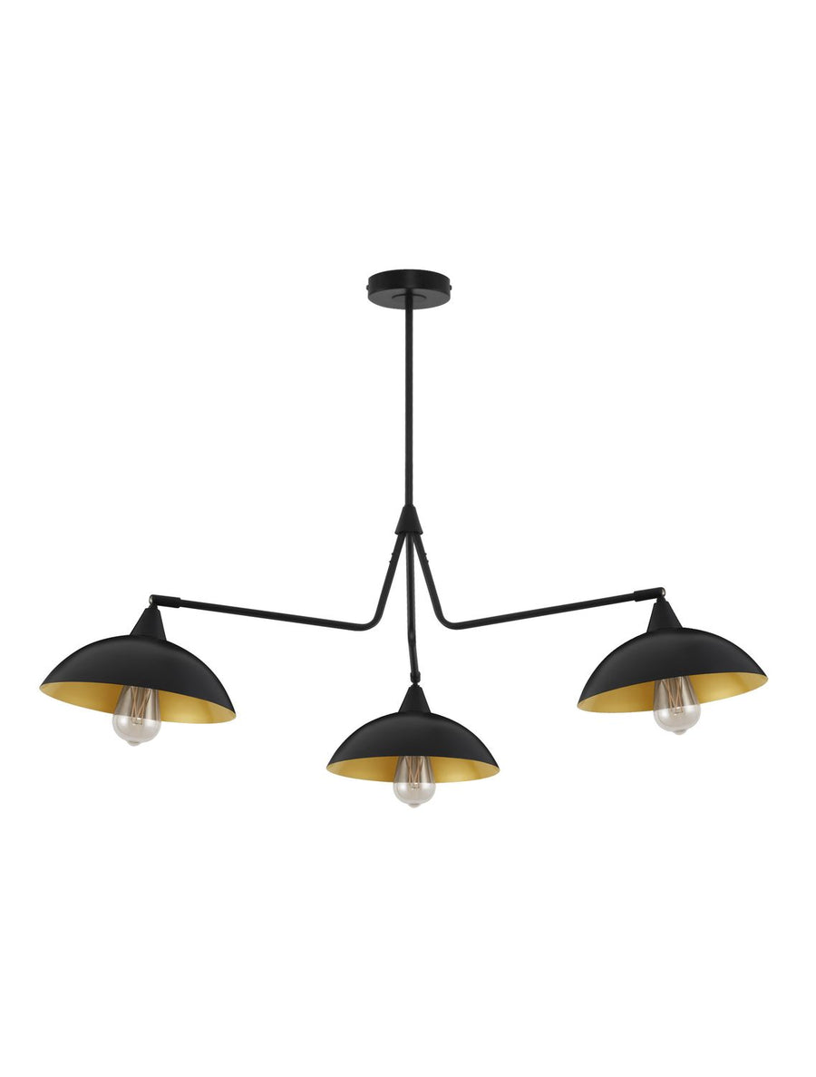 Vue de face du luminaire sur fond blanc avec ses trois bras et abat-jours noirs