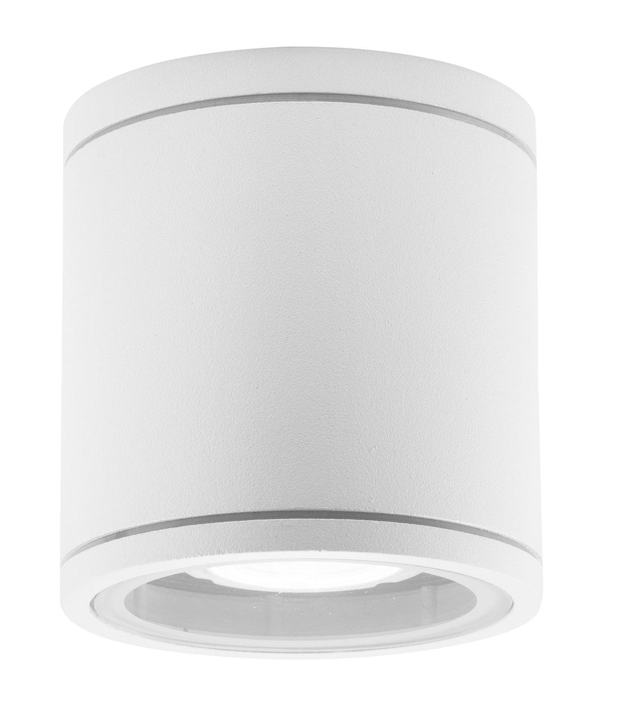 Vue de face du luminaire blanc cylindrique sur fond neutre, diffuseur visible