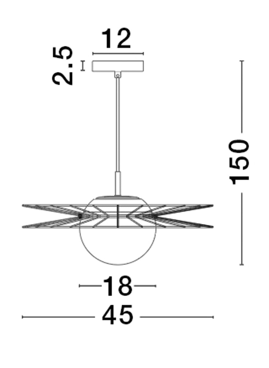 Schéma coté du luminaire avec hauteur totale et diamètre de la structure