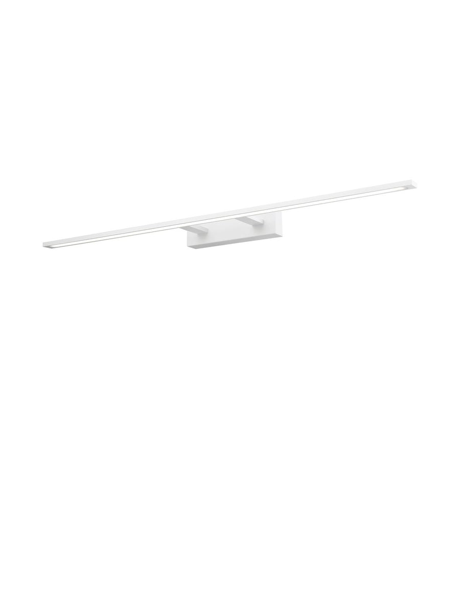 Produit isolé sur fond blanc, luminaire linéaire blanc présenté en légère plongée.