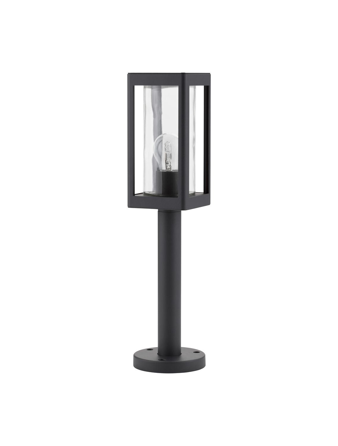 Vue de face du luminaire noir sur fond blanc, tête rectangulaire et verre cylindrique.