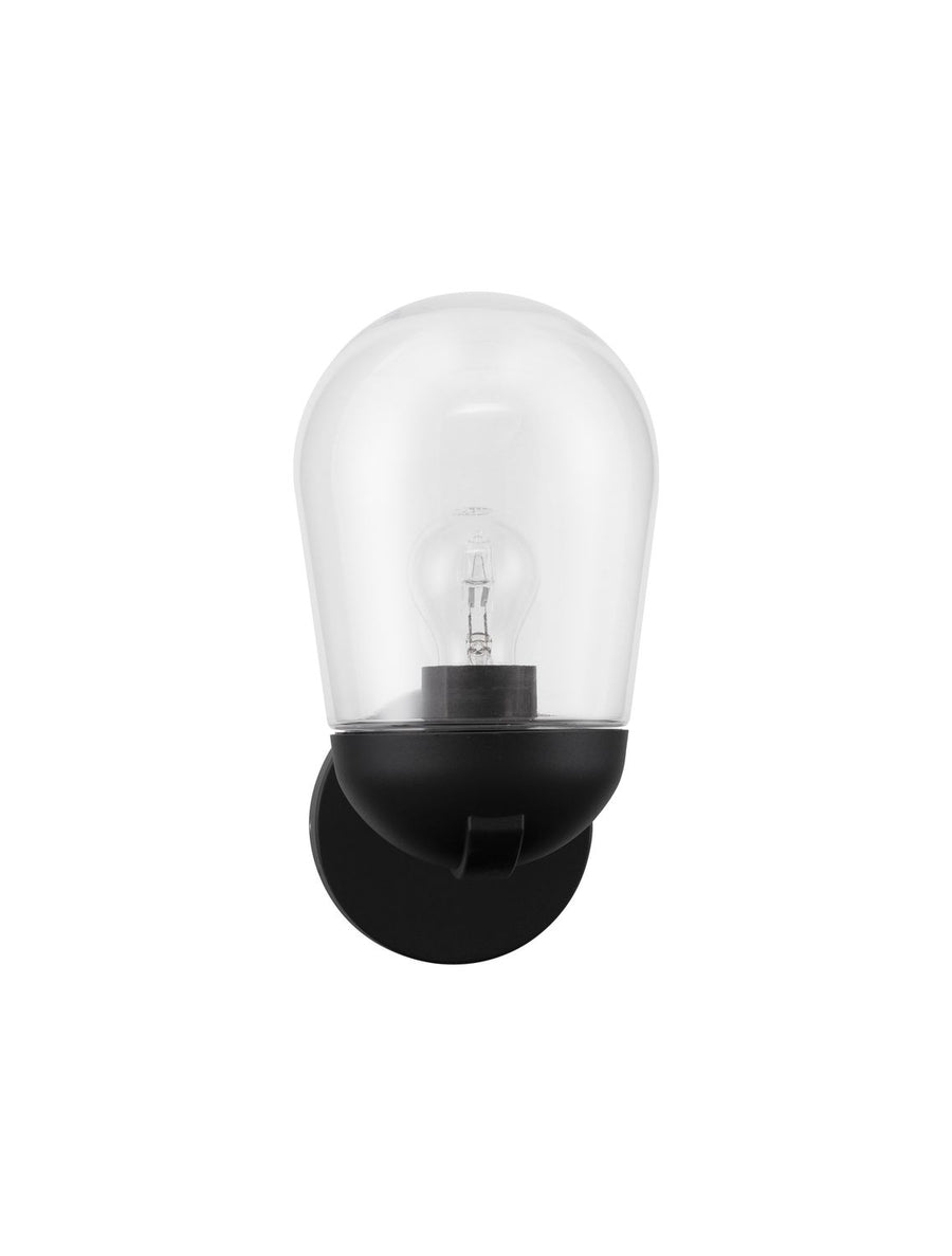 Vue de face du luminaire complet sur fond blanc, verre transparent et socle noir