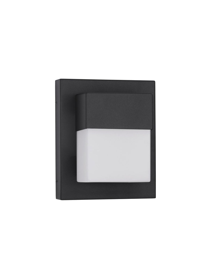 Vue de face du luminaire mural noir, boîtier rectangulaire et diffuseur blanc dépoli.