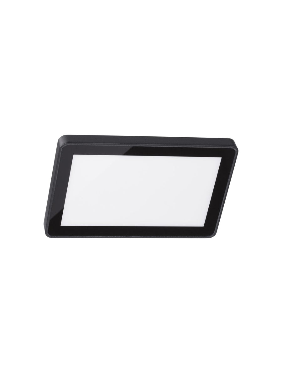 Vue de face du luminaire carré noir avec diffuseur en verre blanc