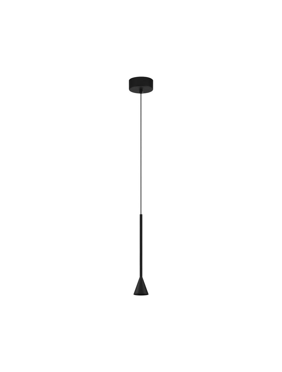 Vue de face du luminaire noir complet, câble et abat-jour conique
