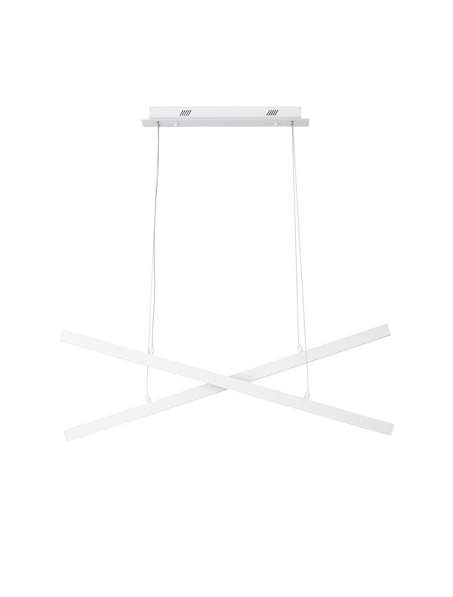 Vue de face du luminaire blanc à deux barres croisées en forme de X