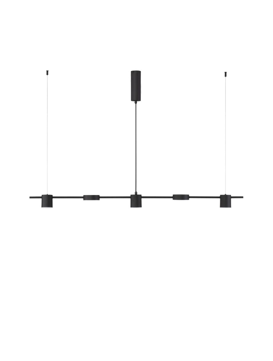 Vue de face du luminaire noir sur fond blanc, barre horizontale et cinq sources