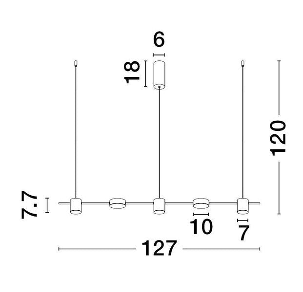 Schéma de dimensions cotées du luminaire, longueur 127 cm et hauteur 120 cm