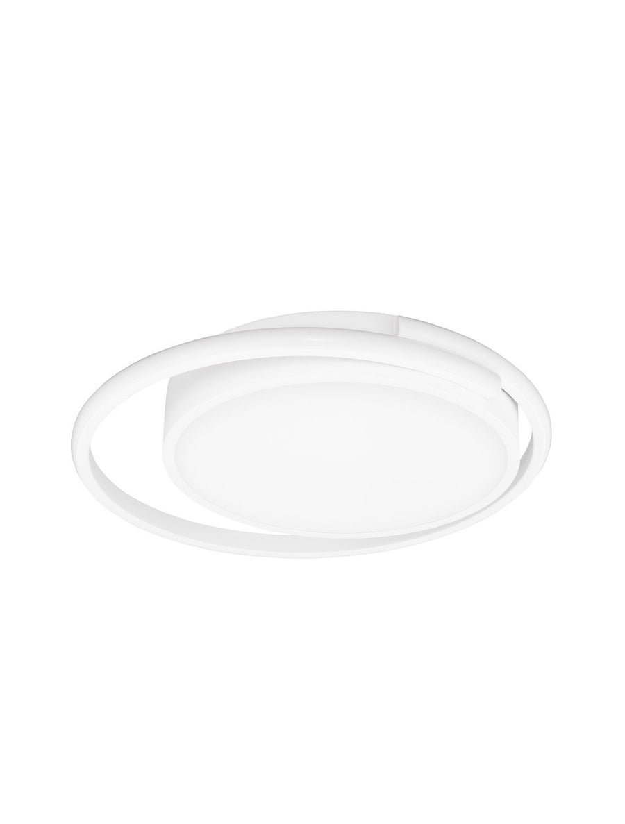 Vue de trois quarts du plafonnier rond blanc sur fond neutre.