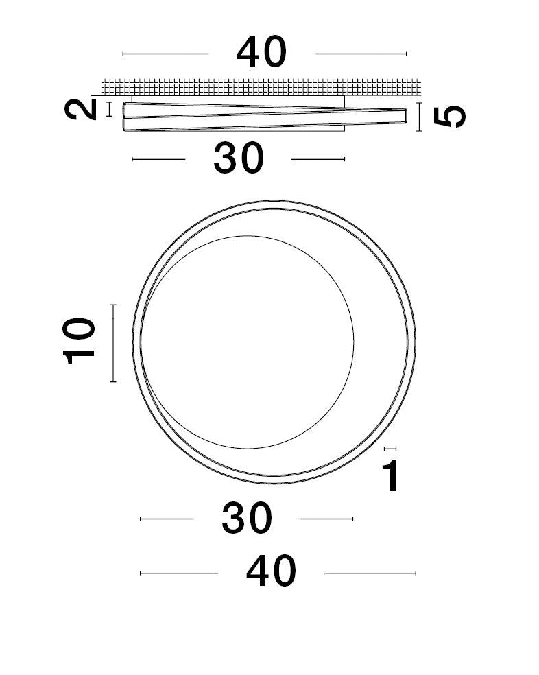 Schéma technique coté du plafonnier rond avec diamètres et épaisseurs.