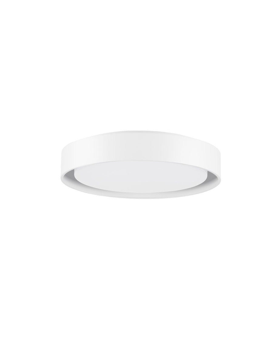 Produit seul sur fond blanc, plafonnier rond blanc vu de trois quarts.