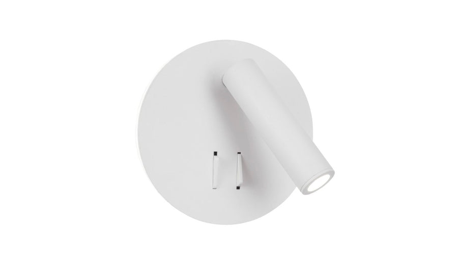 Vue de face du luminaire blanc, socle circulaire et tête cylindrique inclinée sur la droite