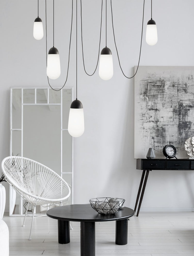 Suspension Blaky 5 lumières noire, verre, H 300 cm