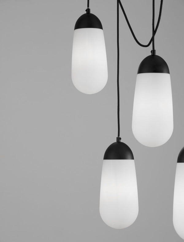 Suspension Blaky 5 lumières noire, verre, H 150 cm