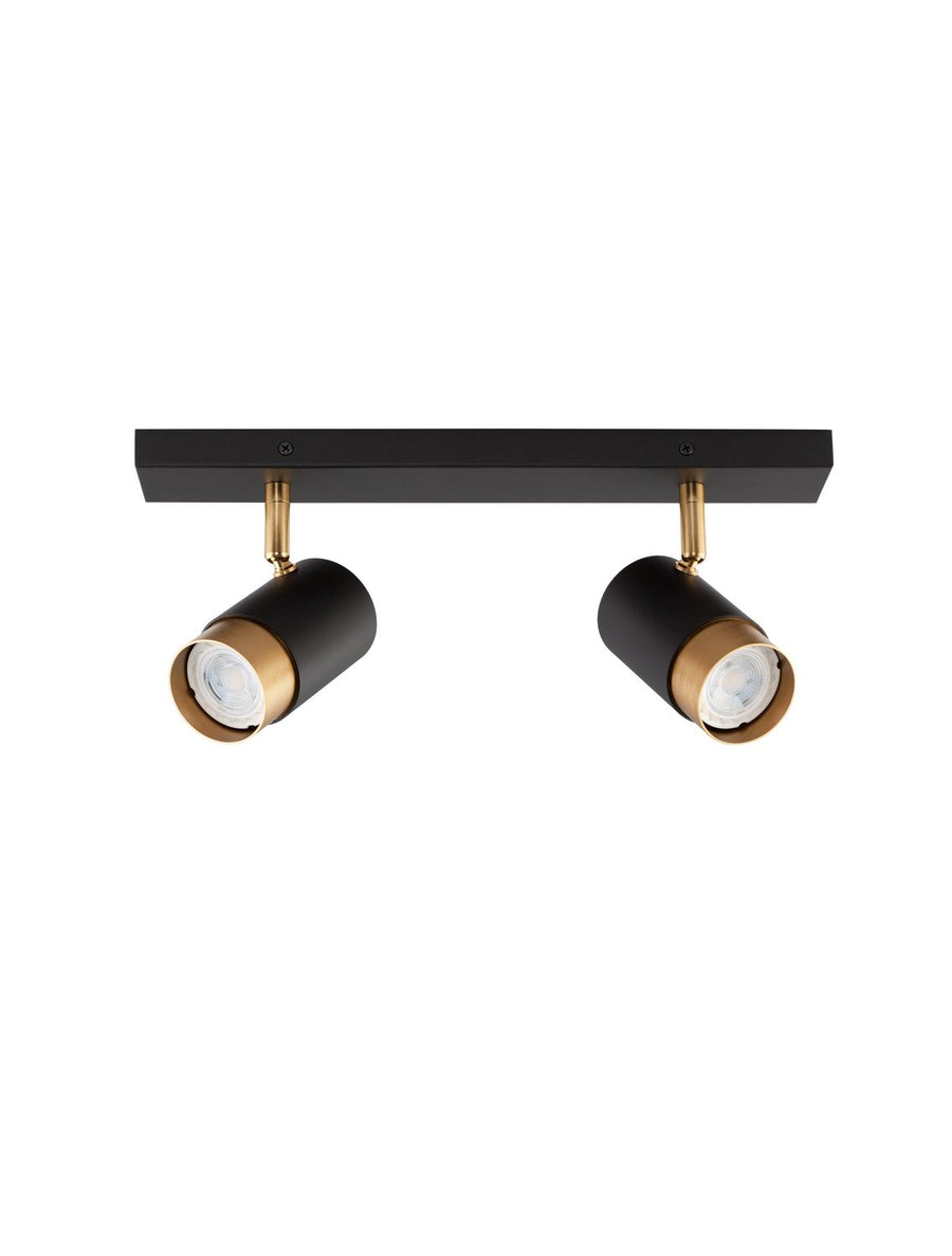 Vue de face du plafonnier sur fond blanc, deux spots cylindriques orientables