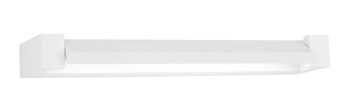 Profil du luminaire blanc vu de dessous, montrant la barre lumineuse