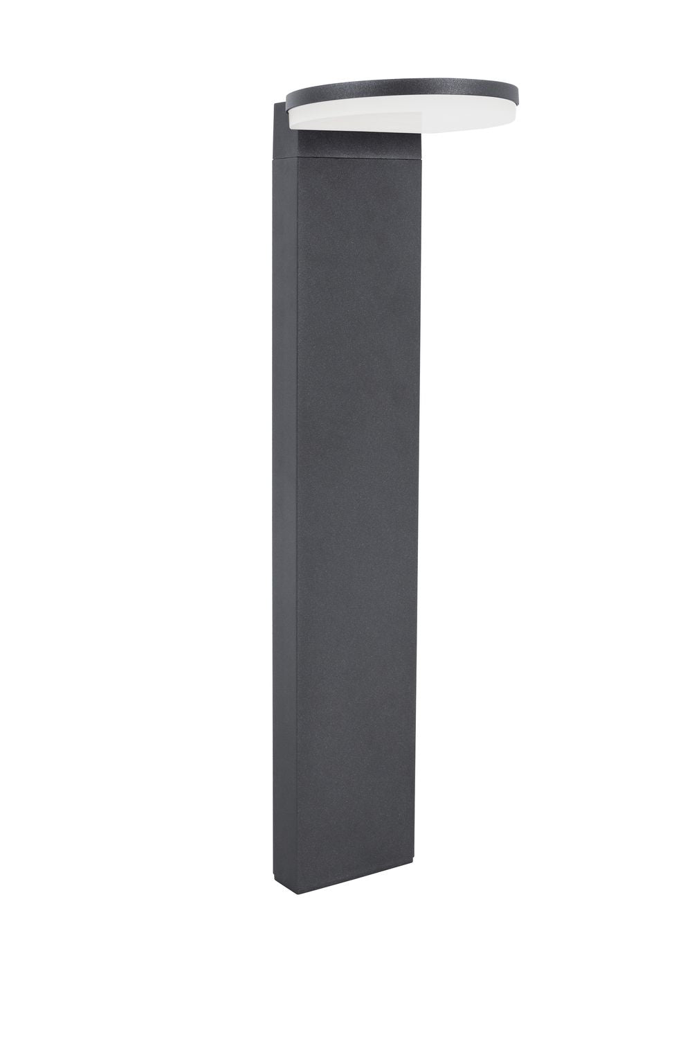 Vue de profil du luminaire sur fond blanc, poteau rectangulaire et tête ronde