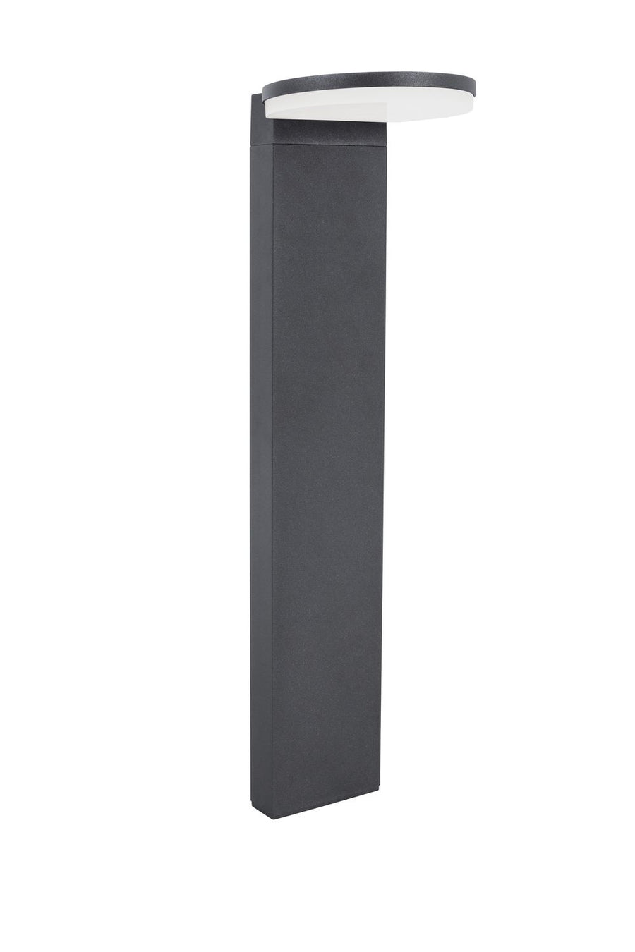 Vue de profil du luminaire sur fond blanc, poteau rectangulaire et tête ronde