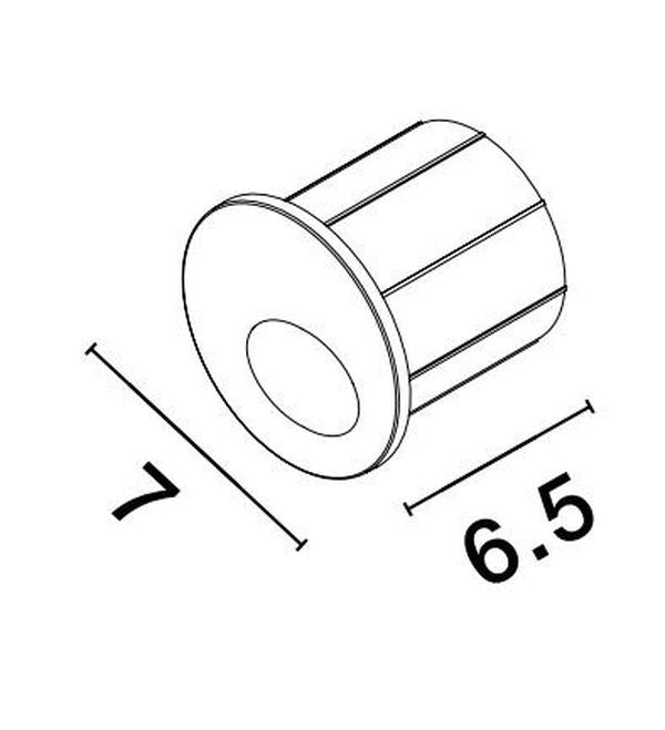 Schéma coté : diamètre 7 cm et longueur 6,5 cm du luminaire.