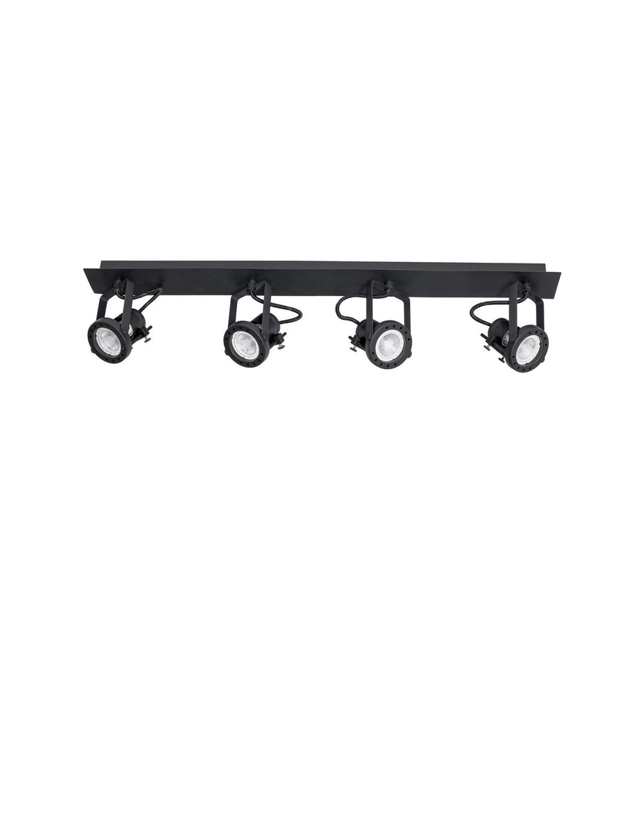 Produit de face sur fond blanc, barre noire et quatre projecteurs orientables
