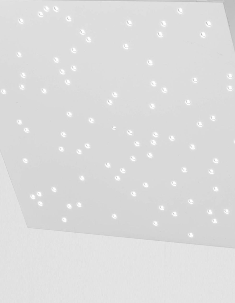 Détail rapproché des perforations allumées, points de lumière blanche répartis sur la surface