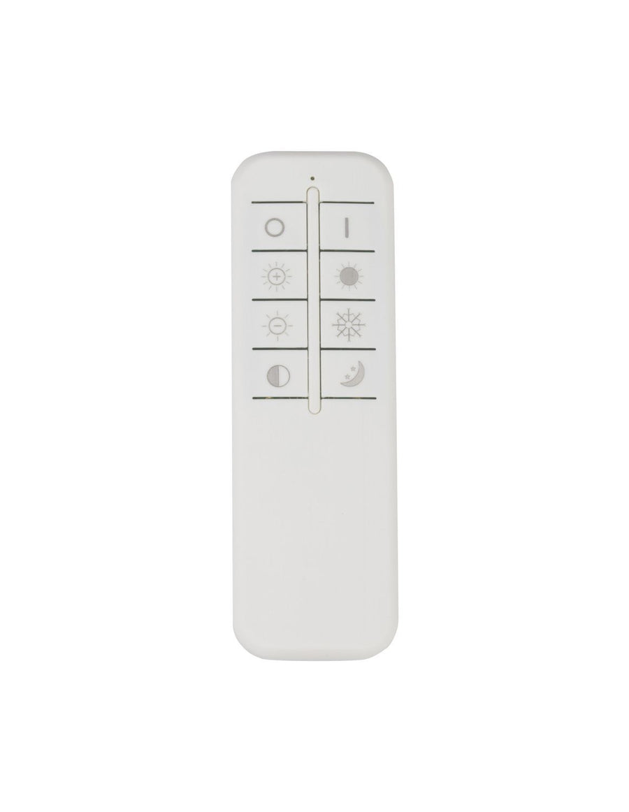 Télécommande blanche vue de face avec boutons d'allumage, intensité et température de couleur