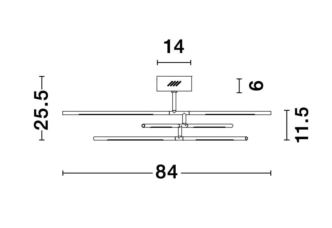 Schéma coté du plafonnier indiquant largeur 84 cm et hauteur 25.5 cm