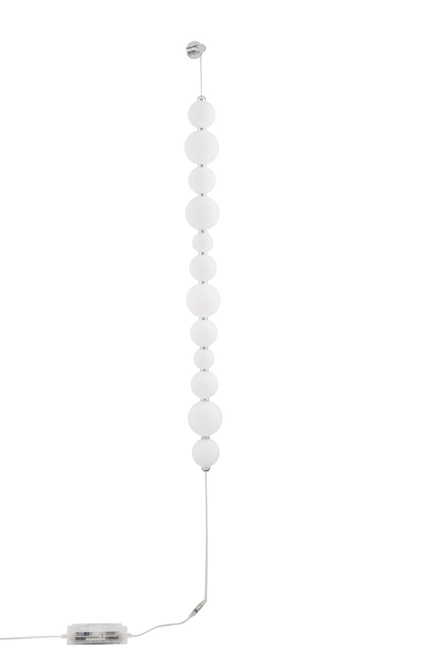 Vue d'ensemble du luminaire suspendu, câble d'alimentation et bloc électrique visibles en bas.